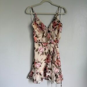 Y2K Derek Carey Beige Floral Ruffle Wrap Mini Dress Small Babydoll